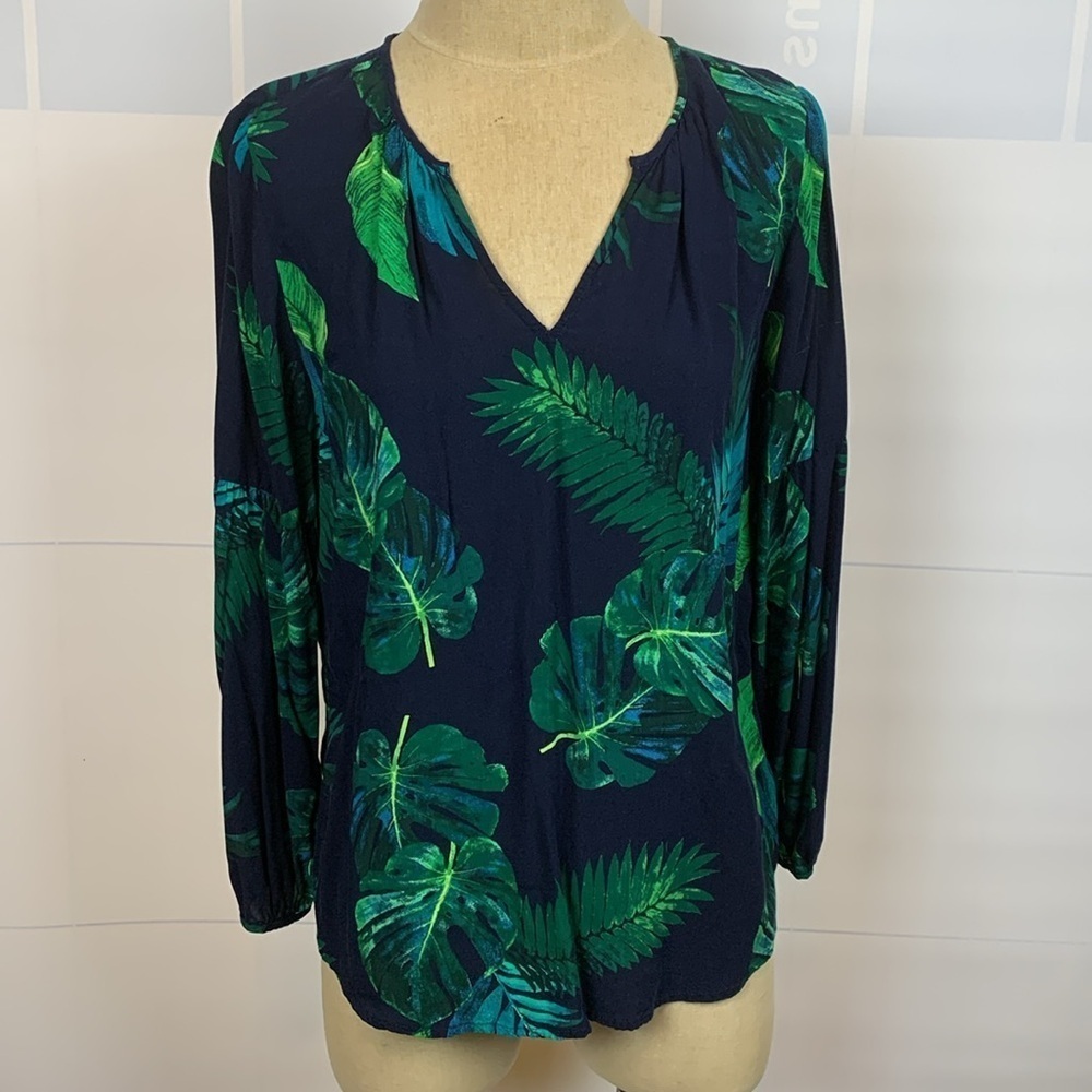 Old Navy Navy Blue and Green Leaf Print Top